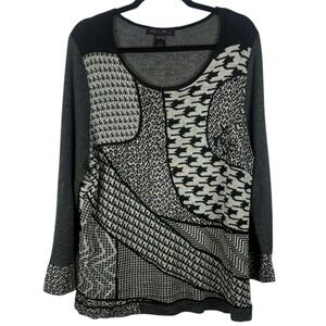 Elena Wang Angora Blend Mix Media Black Gray Scoop Neck Long Sleeve Knit XL Top
